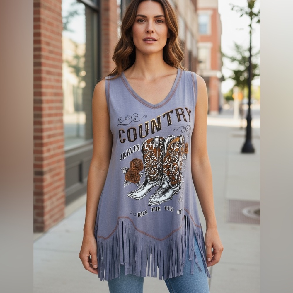 Liberty Wear Country Western Denim Blue Fringed Long Tunic Tank Size Med